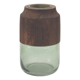 Sage Glass Vase with Wood Accent 9"H For Sale