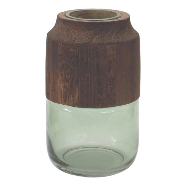 Sage Glass Vase with Wood Accent 9"H For Sale