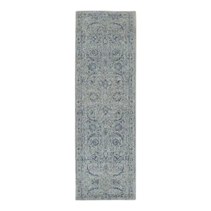 Fine Jacquard With Sickle Leaf Design Wool and Plant Based Silk Hand Loomed Gray Oriental Runner Rug