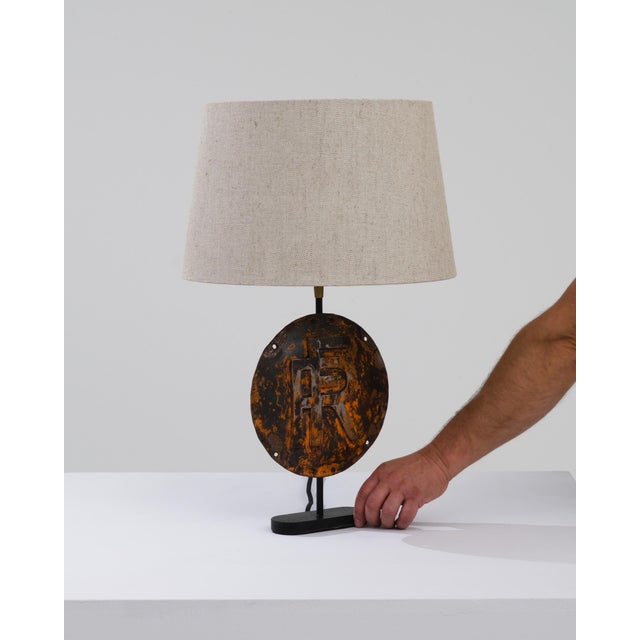 Beige Antique French Metal Sign Table Lamp For Sale - Image 8 of 11
