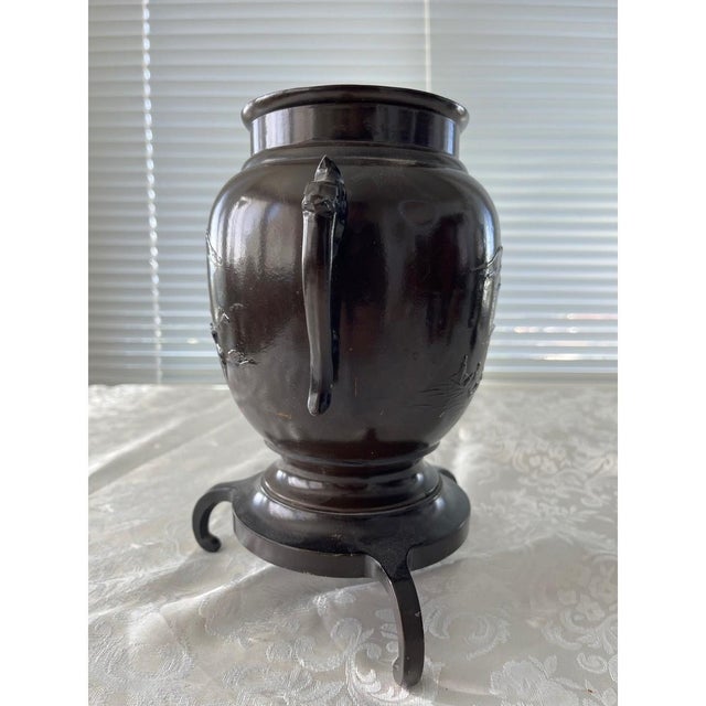 Early 20th Century Heavy 9" Dragon Handle Bronze Finish Vase - Embossed Japanese Style Landscape For Sale - Image 4 of 7