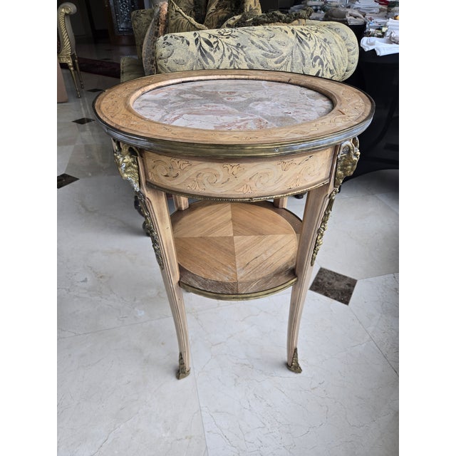 French Louis 16th Style Bronze, Marble and Wood Gueridon Table sold as found with some fading to finiosh and veneer issues...