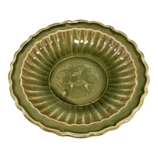Antique Chinese Longquan Celadon Deer Motif Fluted Plate For Sale