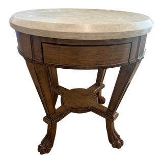 Round Wood and Travertine Top Sussex Side Table/Nightstand Attributed to Kreiss Sussex—Natural Walnut With Neoclassical Paws For Sale