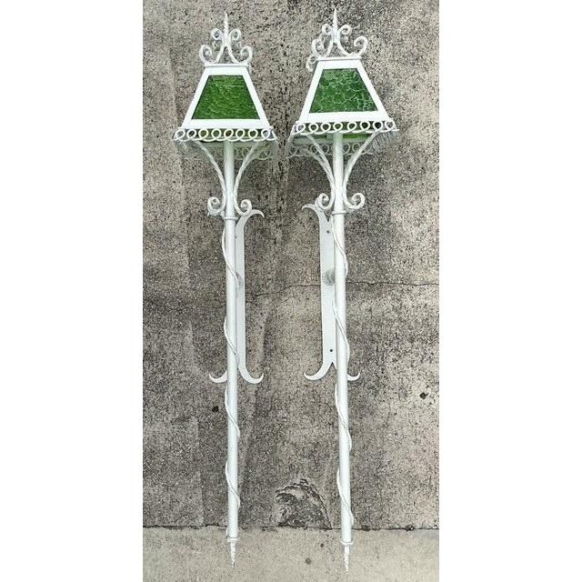 Vintage Regency 1950s Wrought Iron Light Sconces - A Pair For Sale In West Palm - Image 6 of 12