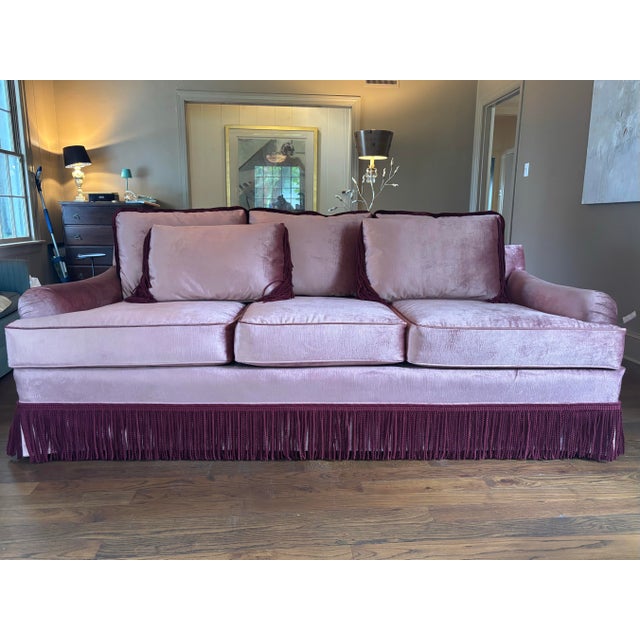 Dusty Rose Velvet Sofa With Samuel & Sons Burgundy Brush & Bullion Fringe Trim For Sale - Image 10 of 10