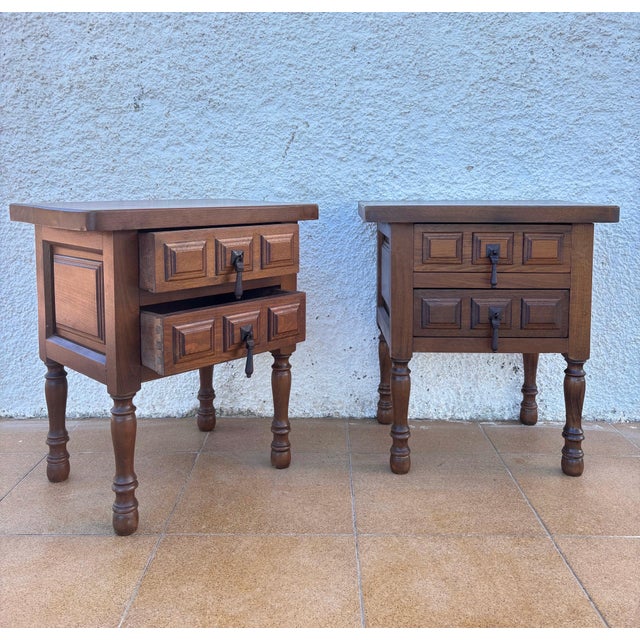 Pair of Spanish Rustic Solid Wood Bedside Tables, Mid-20th Century For Sale - Image 6 of 12