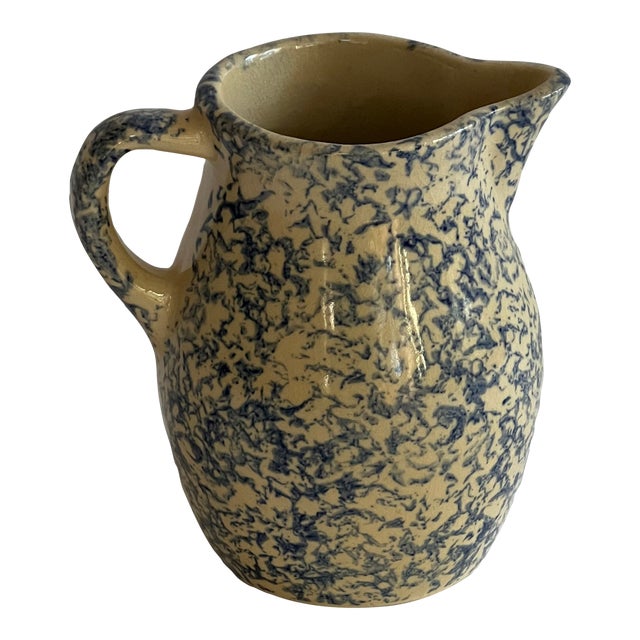 VTG RRP Co. Blue Spongeware Pitcher Robinson Ransbottom Roseville For Sale