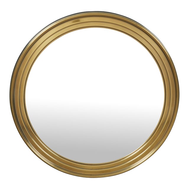 Midcentury Brass Circular Mirror with Stepped Frame and Beveled Edge For Sale