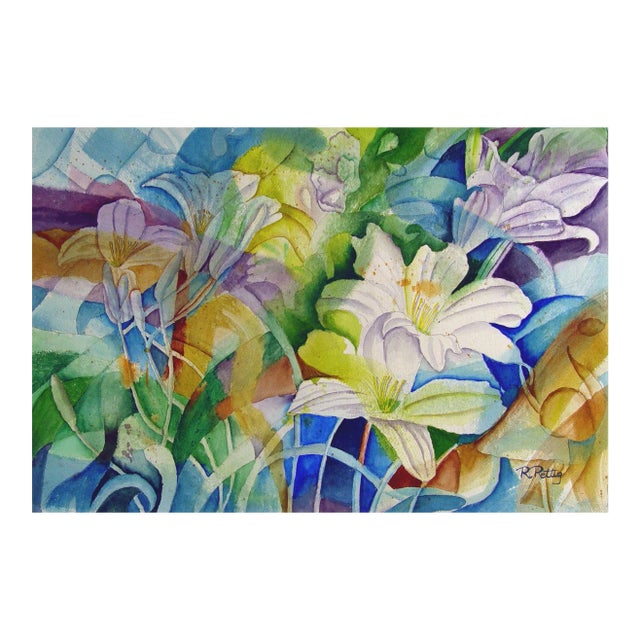 1960s Abstract Lilies Watercolor Painting For Sale