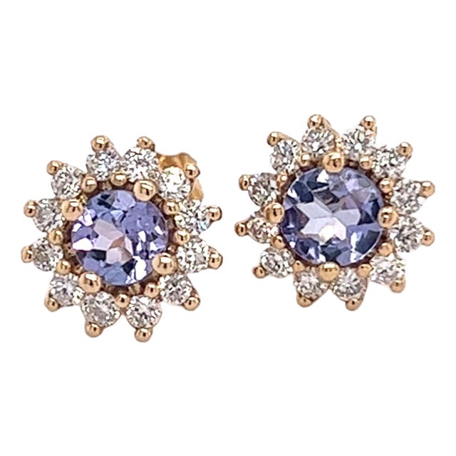 Natural Tanzanite Diamond Stud Earrings 14k Y Gold 1.18 TCW Certified For Sale