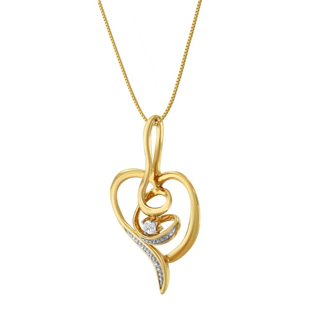 Contemporary Espira 10K Yellow Gold .03 Cttw Diamond-Accented Round-Cut Diamond Swirl Open Heart 18" Pendant Necklace (I-J Color, I2-I3 Clarity) For Sale - Image 3 of 7