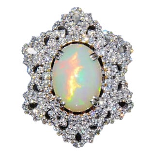 Certified Natural 7.6CTS VS F Diamond Opal 18K Solid Gold Cocktail Dome Ring, size 6.5 For Sale