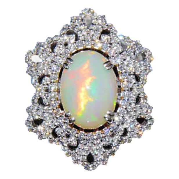 Certified Natural 7.6CTS VS F Diamond Opal 18K Solid Gold Cocktail Dome Ring, size 6.5 For Sale