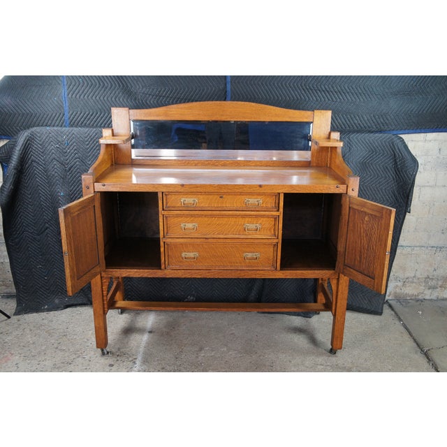 Wood Antique Come-Packt Quartersawn Oak Mission Buffet Sideboard Server W Mirror For Sale - Image 7 of 13
