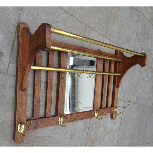Art Deco Wall Coat Rack in Belgian Oak and Brass, 1920s For Sale - Image 6 of 15