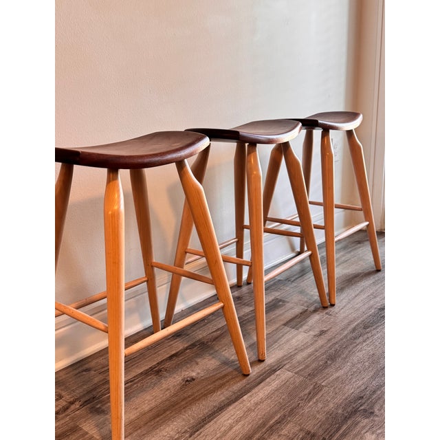 Wood Set of 3 Signed Stephen Swift Cherry and Ash Bar Stools (1996) For Sale - Image 7 of 7