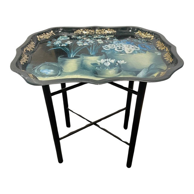 English Tole Tray Table with Floral Design, 20th Century For Sale