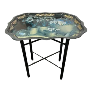 English Tole Tray Table with Floral Design, 20th Century