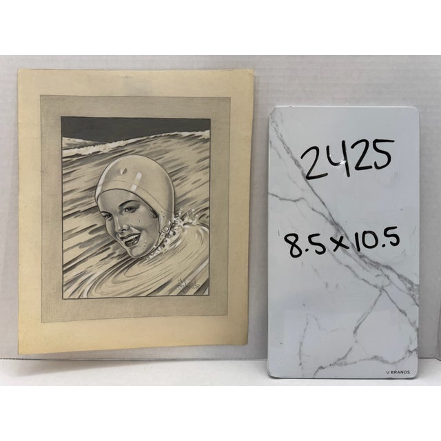 1940s Original Signed Graphite Illustration of Smiling Female Swimmer in Bathing Cap, 10½ × 8½ In. For Sale - Image 5 of 5
