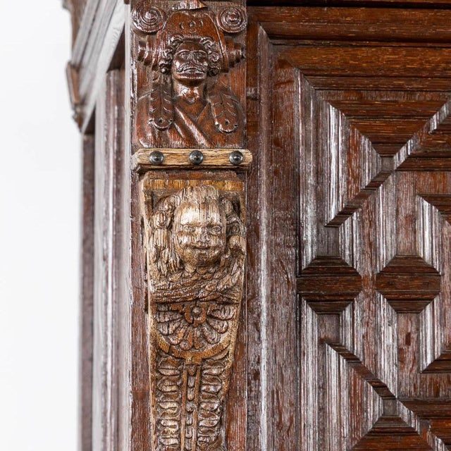 Monumental 17th Century Richly Ornamented and Coffered Flemish Oak Cabinet For Sale - Image 10 of 12