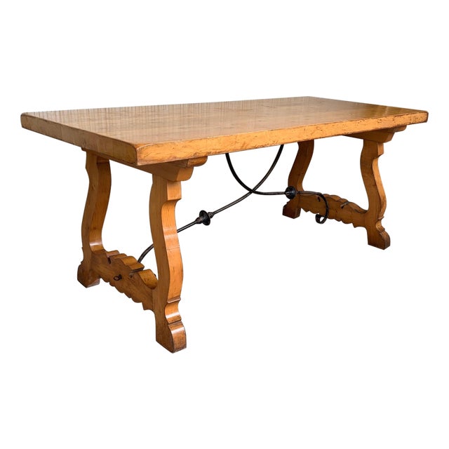 20th Century Spanish Cyprees Lyre Legs Trestle Dining Farm Table For Sale