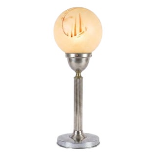 Vintage Art Deco Machine Age Table Lamp with Frosted Glass Globe, 1920s For Sale