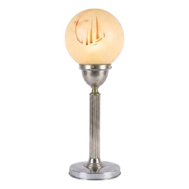 Vintage Art Deco Machine Age Table Lamp with Frosted Glass Globe, 1920s For Sale