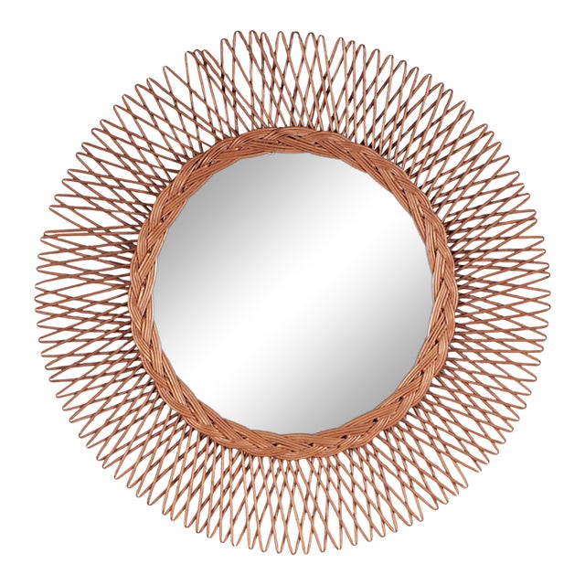 Vintage French Rattan Circular Mirror For Sale