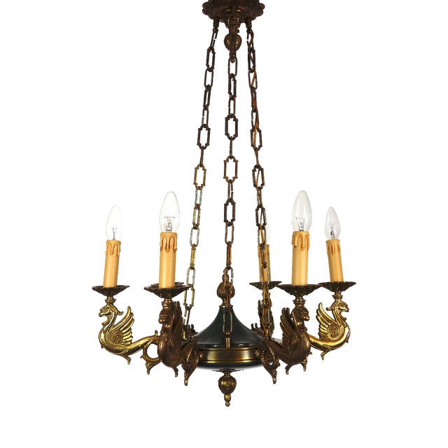 French Empire Brass Swan Chandelier from Unbekannt, 1940s For Sale