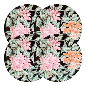 1990s Fitz & Floyd Azalea Hand Painted Floral Black Plates - Set of 4