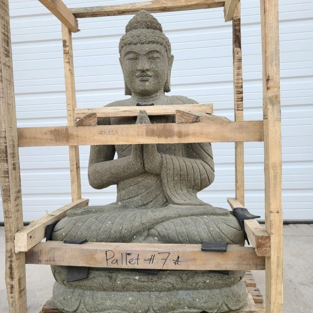 39" Tall, Hand-Carved Green Lava Stone Sitting Buddha - Greetings Mudra Hand-Carved (using just a hammer and chisel!) from...