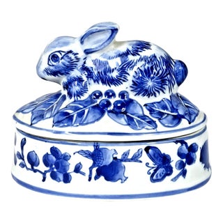Vintage Chinese Porcelain Blue & White Floral Easter Rabbit Art Oval Dish With Lid For Sale