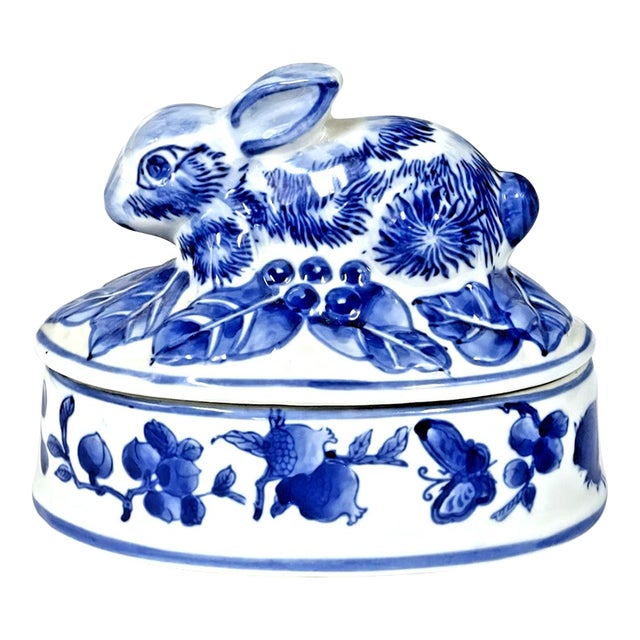 Vintage Chinese Porcelain Blue & White Floral Easter Rabbit Art Oval Dish With Lid For Sale