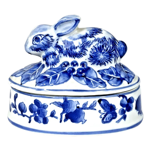 Vintage Chinese Porcelain Blue & White Floral Easter Rabbit Art Oval Dish With Lid