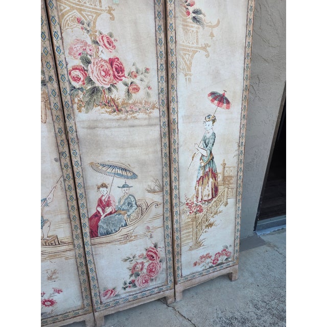 Vintage Four Panel French Chinoiserie Fabric Screen For Sale - Image 11 of 15