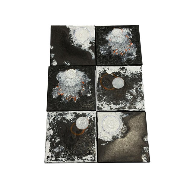 Textile SeT of Four Black & White Acrylic and Ink Paintings on Canvas Titled La Luna For Sale - Image 7 of 10