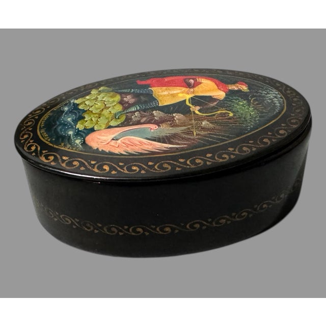 Folk Art Vintage Hand Painted Lacquer Miniature Keepsake Box Tsar Saltan For Sale - Image 3 of 5