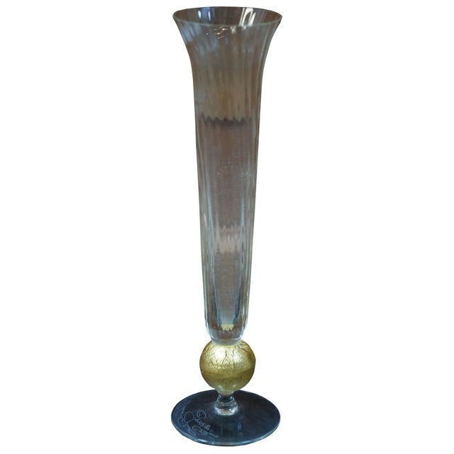 Modern 1998 Hand Blown Art Glass Trumpet Vase with Gold Flake Bauble For Sale - Image 3 of 11