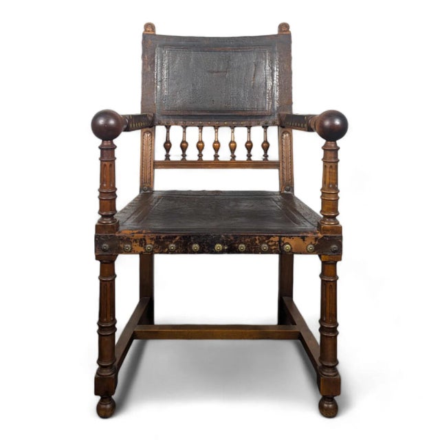 Renaissance Style Leather Armchair For Sale - Image 5 of 5