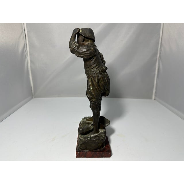 Bronzed Spelter Boy Figurine on Marble Base - Continental Antique For Sale - Image 6 of 10