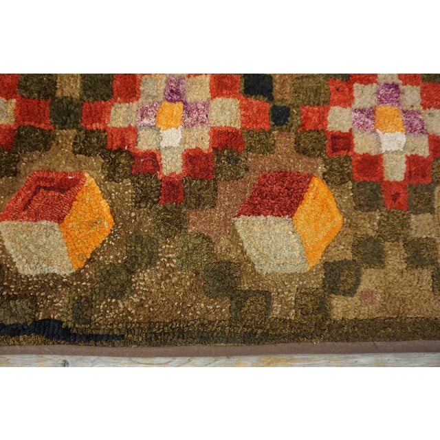 1920s Brown Diamond Folk Art Antique American Hooked Rug 1'10" X 14' Hand Knotted Cotton Wool Carpet For Sale In New York - Image 6 of 11