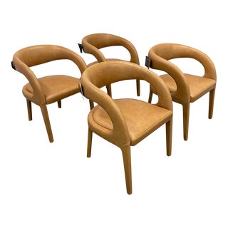 Mid Century Modern Style Hawkins Dining Chair Upholstered in Butterscotch Brown Performance Leather- Set of 3 For Sale