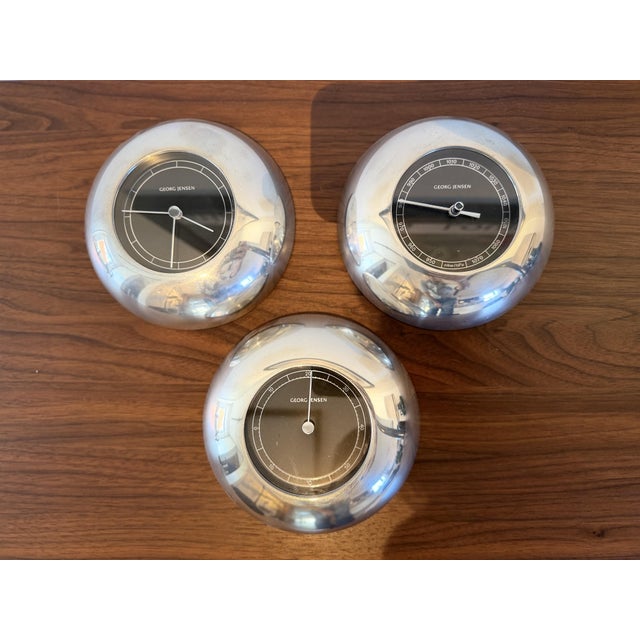 Silver Wall Clock with Barometer and Thermometer by Andreas Mikkelsen for Georg Jensen, 1980s, Set of 3 For Sale - Image 8 of 8