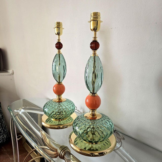 Mid-Century Modern 1990s Pair of Green, Mid Century Modern, Murano Glass Table Lamps For Sale - Image 3 of 9