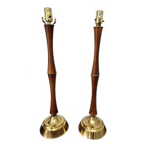 Pair of Mid 20th Century Danish Modern Walnut and Brass Faux Bamboo Table Lamps