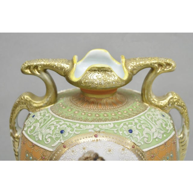 Early 20th Century Antique Nippon Hand Painted Porcelain Green Moriage Twin Handle Portrait Vase For Sale - Image 5 of 17