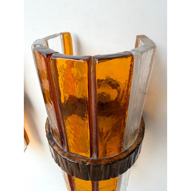 Metal 1970s Amber Glass Hammered Wrought Iron Sconces by Longobard - a Pair For Sale - Image 7 of 11