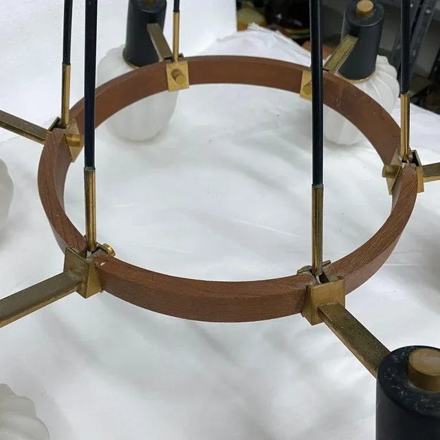 1960s Stilnovo Style Mid-Century Modern Brass Teak and Glass Italian Chandelier For Sale - Image 9 of 12