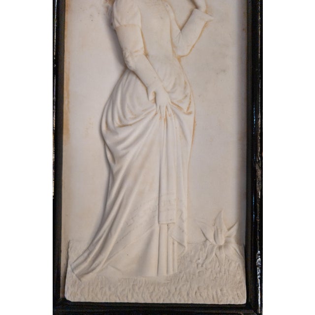 Wood 19th Century American Victorian Carved Bas Relief Marble Plaque of Lady With Dove For Sale - Image 7 of 10